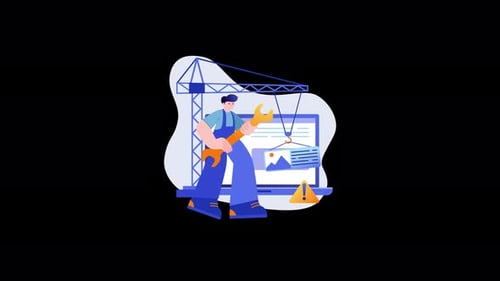 Ilustración de un obrero de la construcción con herramientas y un ordenador.