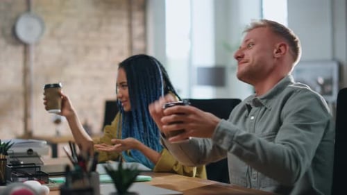 Friendly Colleagues Talking Work Break Sitting Modern Office Workplace Close Up