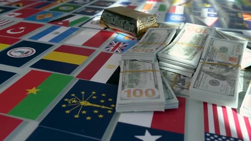 Stacks of Cash and Gold on Flags