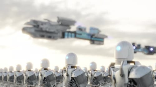 3d Animation Loop of Army of Cyborgs Walking Under Sundown Sky
