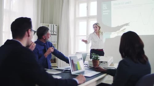 A Businesswoman Giving A Presentation To Colleagues In A Modern Office.
