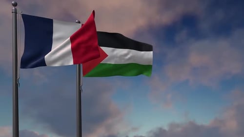 French and Palestinian Flags Waving Together in the Wind