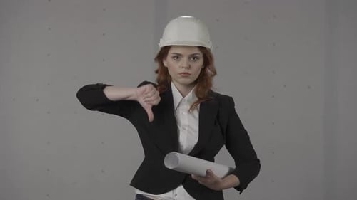 Disappointed Skeptical Woman Architect Dissatisfied with the Work Done Showing Dislike Sign Thumb