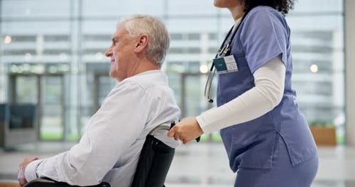 Wheelchair, care and woman nurse with old man in hospital for recovery, help or healing support