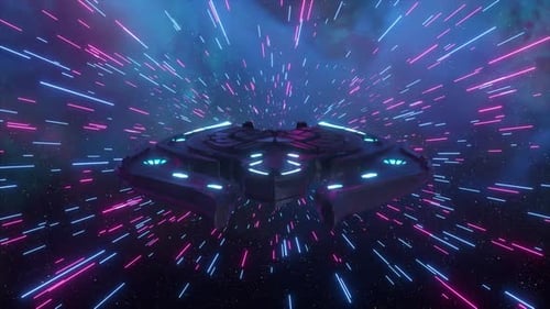 Futuristic Spaceship Flying Through Neon Light Speed Warp