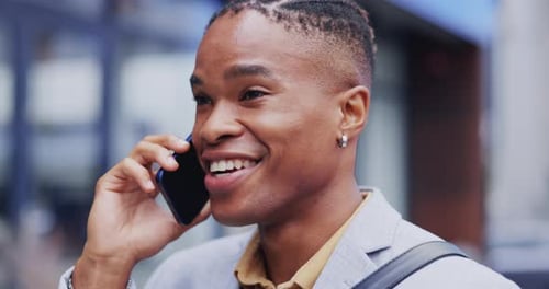 Phone call, happy face and city black man talking, communication chat or consulting with business