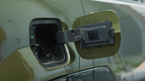 Driver Closing Battery Charging Port Flap of Electric Car After Recharge