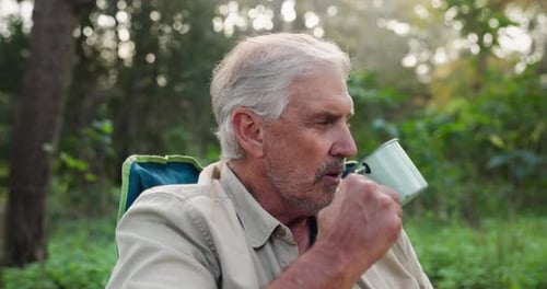 Happy, senior man and thinking on camp retreat with coffee for outdoor nature adventure