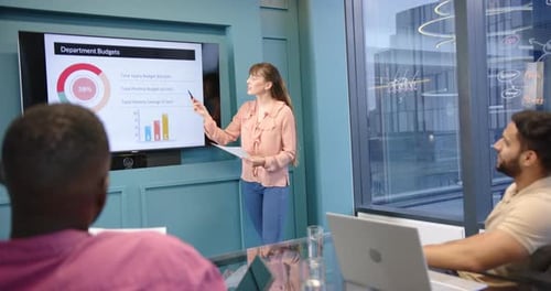 Présentant les budgets des départements, femme pointant du doigt l'écran lors d'une réunion avec divers collègues