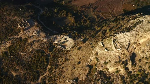 Aerial shot of Kaunos ancient city in Dalyan in autumn. 4K.Turkey. Dalyan river and mountains.