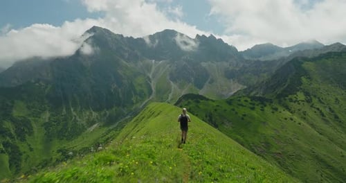 A woman hikes a scenic green mountain ridge with stunning views of the Austrian Alps