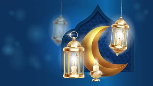 Golden Crescent Moon and Lanterns for Ramadan and Eid Celebrations