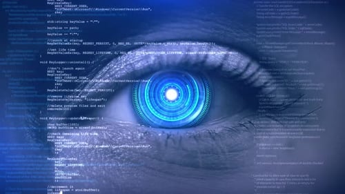 Futuristic AI Eye with Digital Interface and Scrolling Code