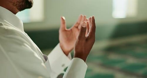 Allah, man or open hands in Mosque for peace, gratitude or Palestine support in Islamic holy temple