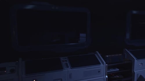 Spaceship Cockpit Interior with Dim Lighting and Technical Equipment