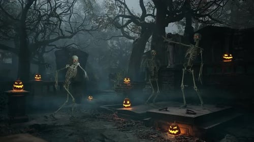 Skelette in der Halloween-Nacht tanzen auf Friedhofsgräbern