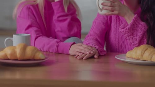 jovencitas De cerca jovencitas lesbianas acariciando tomando té con croissants durante una cita mantener , Grabaciones de stock Incluyendo: lgbt y bisexual - Envato