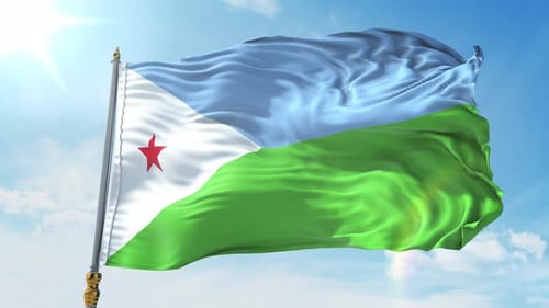 Djibouti National Flag Waving in Clear Blue Sky