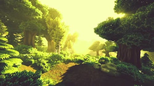 Cartoon Wooded Forest Trees Backlit By Golden Sunlight