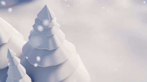 Weiße Weihnachtsbäume wachsen auf verschneitem Gelände. 3D-Animationsrender