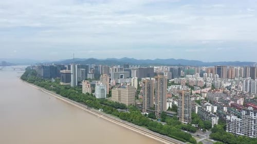 Aerial View of a Bustling City with Modern Skyscrapers Hangzhou China