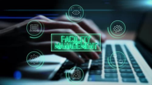 Neon Facility Management Interface with Tech Icons