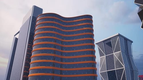 Dos edificios muy altos en un paisaje urbano futurista