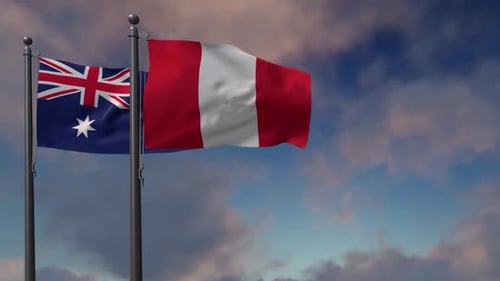 Australia and Peru Flags Waving in the Wind