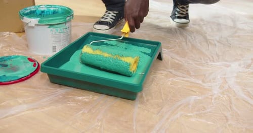 Closeup View of Hardworking Professional AfricanAmerican Worker Designer Dipping Roller Into Tray