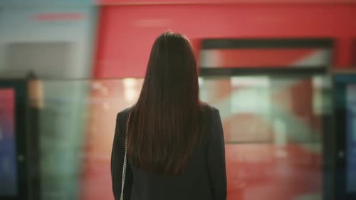 Young business woman is standing on metro platform, back side.