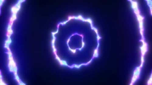 Abstract background looped circles a tunnel of flying purple blue rings of energy plasma