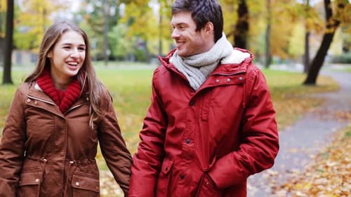 Romantic Couple Walks Holding Hands in an Autumn Park