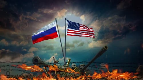 USA and Russia Flags with Tank and Barbed Wire in Conflict
