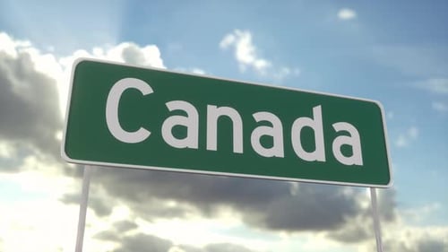 Welcome to CANADA road sign on blue sky with clouds