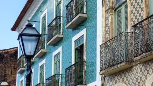 tiled facade of historic colonial building in Sao Luis downtown, Maranhao, Brazil