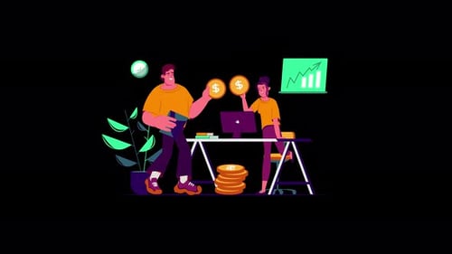 Two individuals engaged in financial activities at a modern workspace