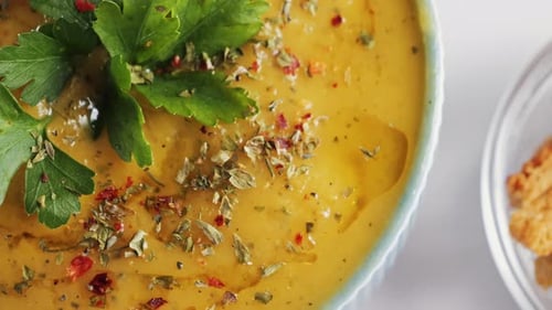 Vegetable Cream Soup Closeup Served Aromatic Spices and Herbs