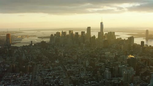 Aerial View of Downtown Manhattan Cityscape and Skyline New York City Bright