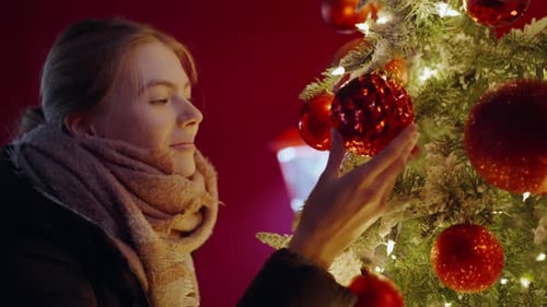 Woman Decorating Christmas Tree with Red Ornaments