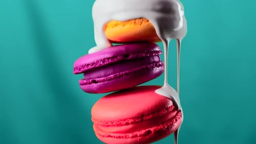 Gros plan d'une glaçure blanche drainant les trois macarons sur un fond mural coloré Stock Clip