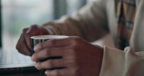 Black man, cafe and coffee with laptop, hybrid work and freelance for online job and internet