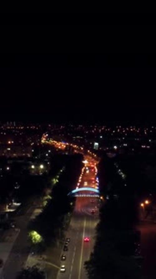 Aerial night illuminated streets in Kharkiv city