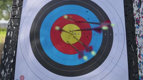 Pfeile treffen während des Trainings die Mitte eines Bogenschieß-Zielbretts
