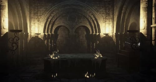 Ancient Stone Crypt with Flickering Candles Zoom In