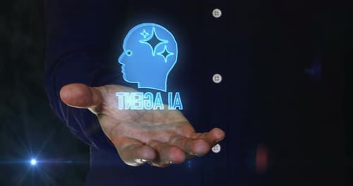 Artificial intelligence AI agent symbol over hand