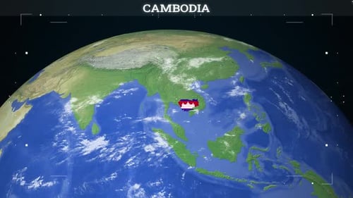 Animated Globe Zooms to Cambodia, Revealing Flag and Data Overlay