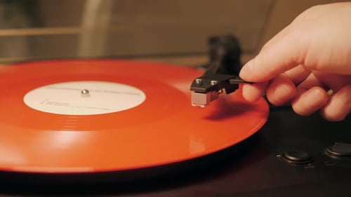 Red Color Vinyl Disc Record Closeup Playing Music Vintage Old Vinil Player Black Phonograph Spinning