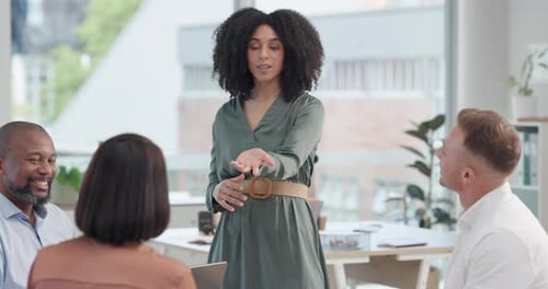 Business, woman or speaker with team for presentation, meeting or training in office with questions