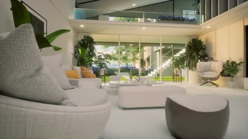 Modern White Interior With Beautiful Backyard View. Home Living Room Design
