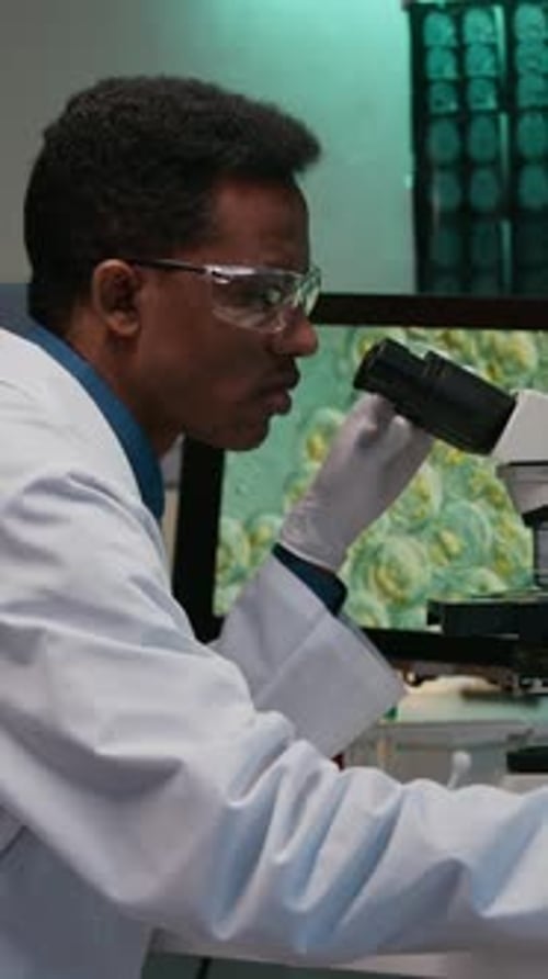 Black Researcher Examining Specimen under Microscope in Lab